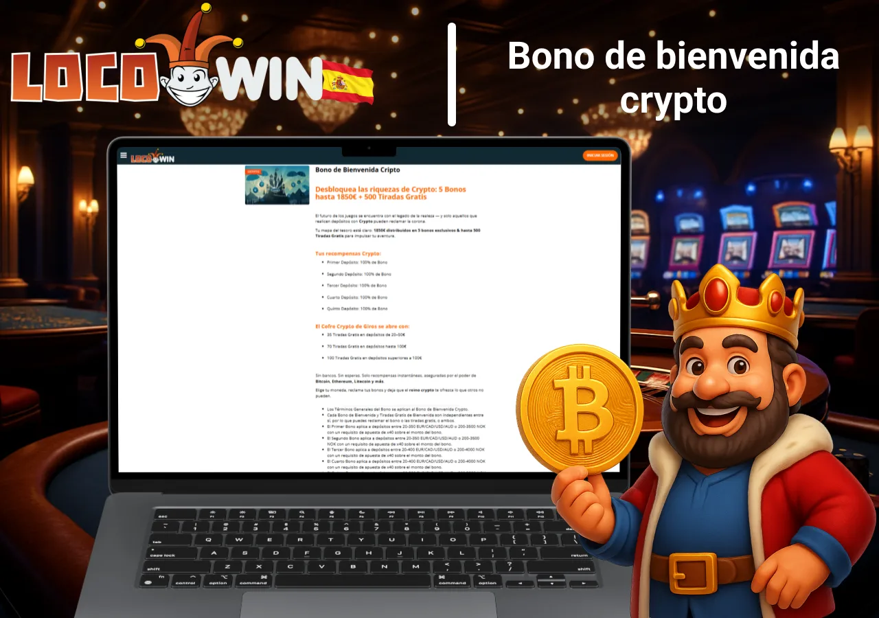 Bono de bienvenida crypto de Locowin con la página informativa abierta y personaje sosteniendo moneda digital