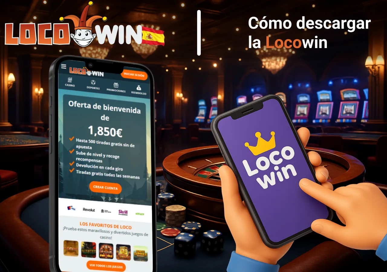 Guía visual para descargar la app móvil de Locowin en smartphones y acceder a bonos y juegos desde el dispositivo.