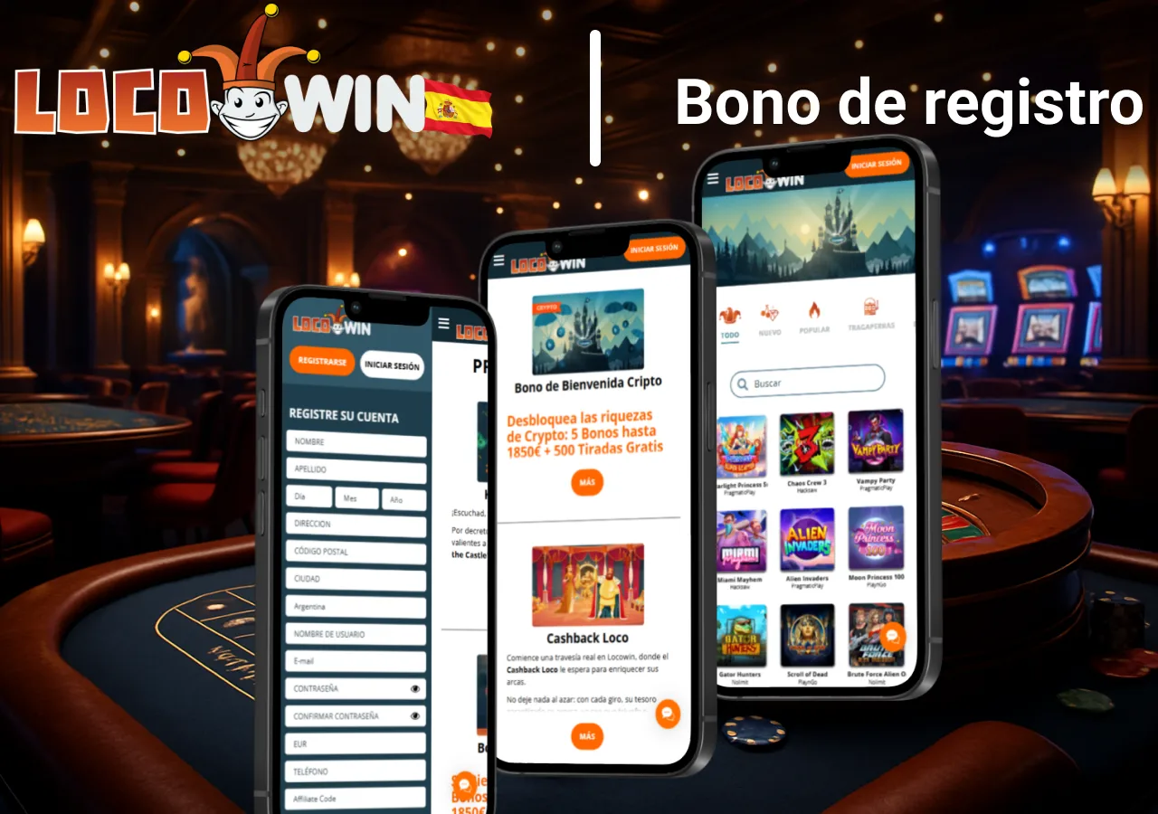 Oferta de bono de registro de Locowin mostrada en la app móvil, con promociones para nuevos jugadores en España.
