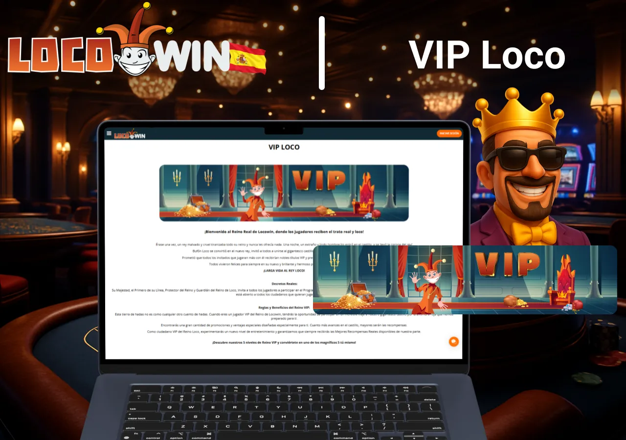Sección VIP con página de beneficios abierta en el portátil y personaje con corona representando el nivel VIP